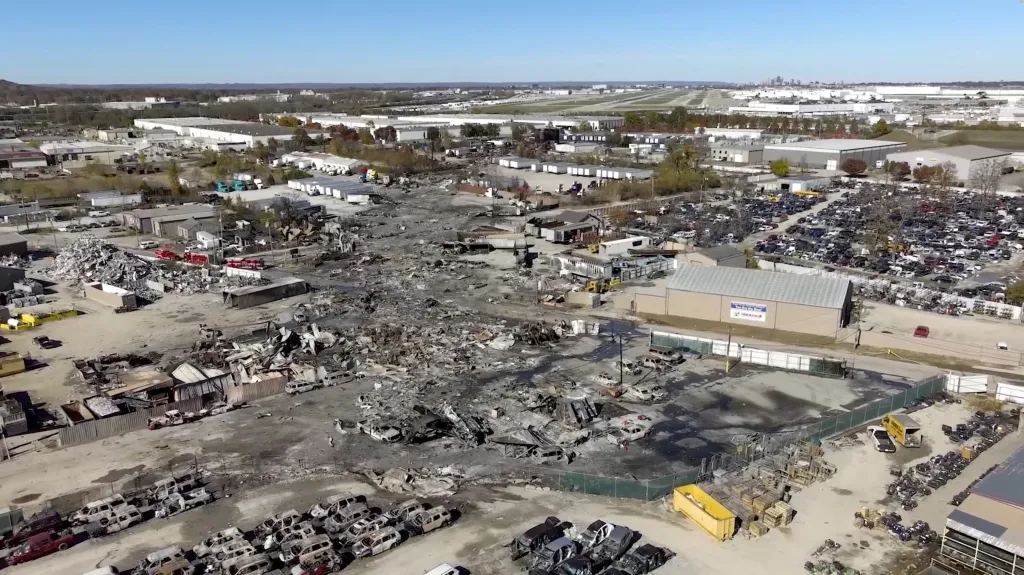 Drone view of a crash site next to a runway at the Muhammad Ali International Airport in Louisville, Kentucky.