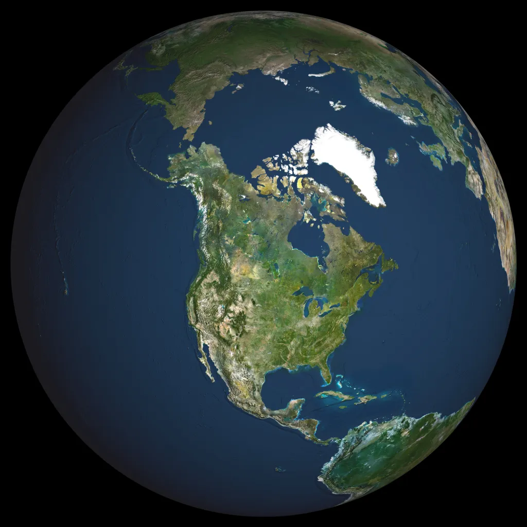 True color satellite image of Earth centered on North America, with the North Pole at upper center.