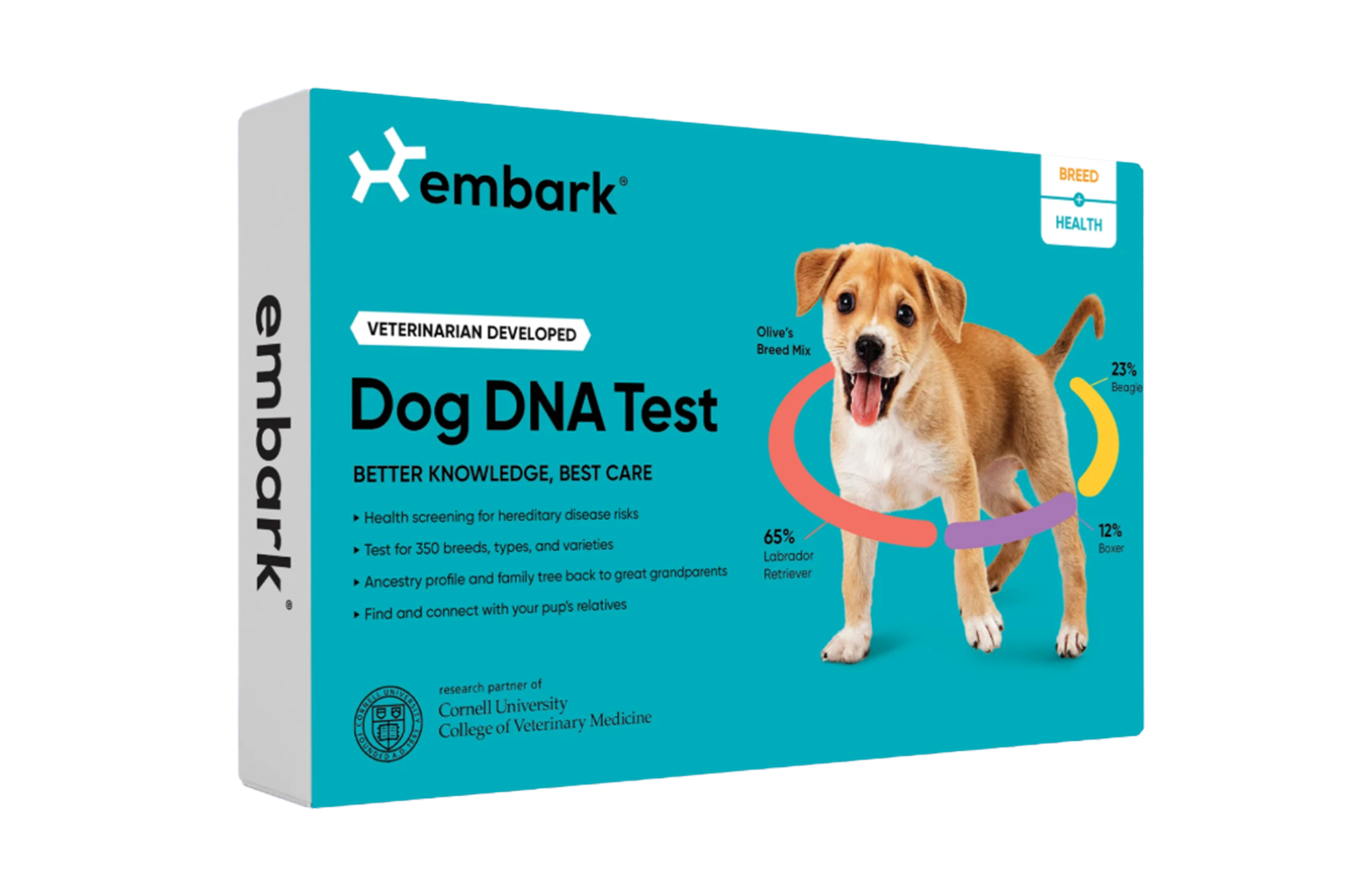 A box for Embark Dog DNA Test, with a puppy and its breed mix breakdown of 65% Labrador Retriever, 23% Beagle, and 12% Boxer.