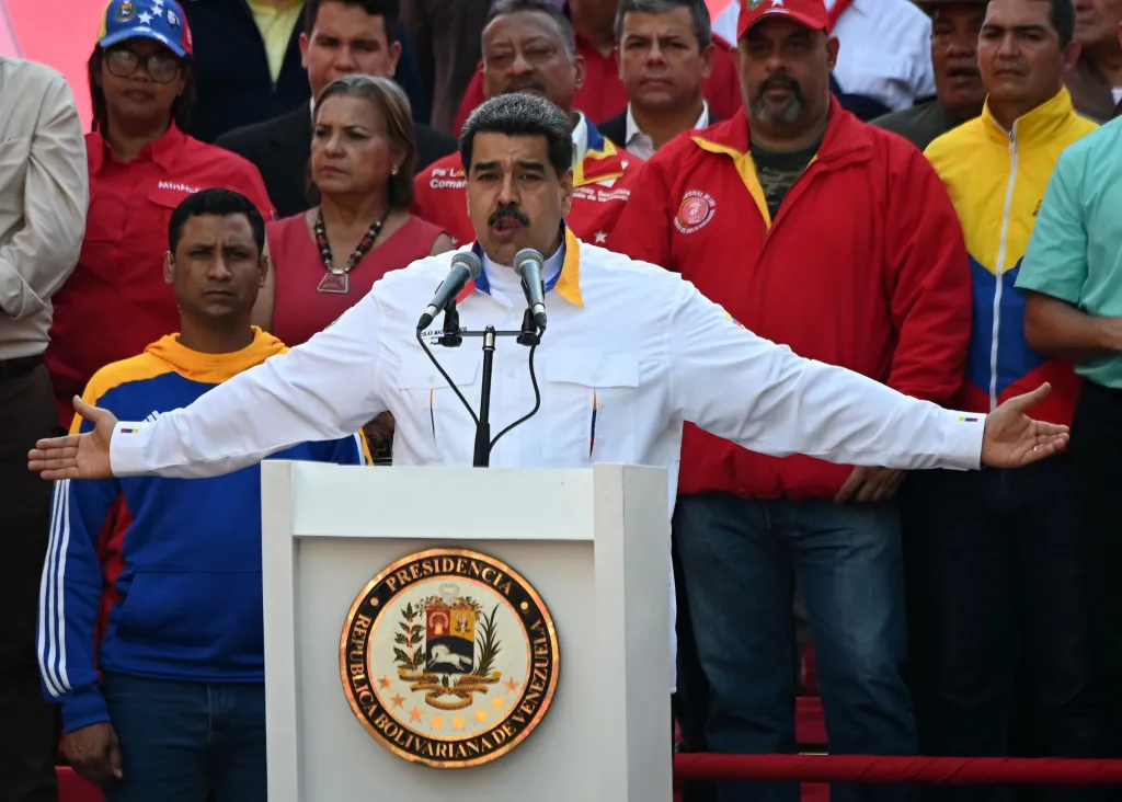 Venezuelan President Nicolás Maduro speaking at a rally.