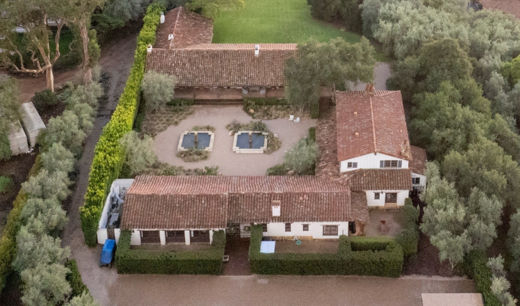 Aerial view of Kendall Jenner's Montecito estate with multiple buildings, stables, and training facilities.