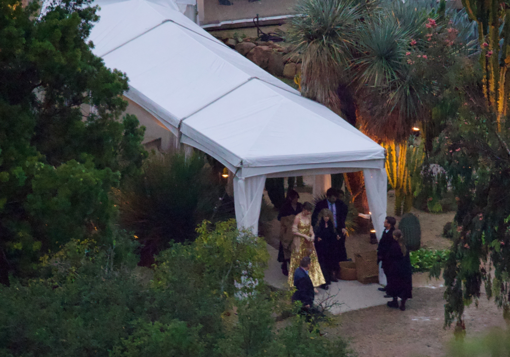 Taylor Swift and Stevie Nicks walking into a wedding tent.