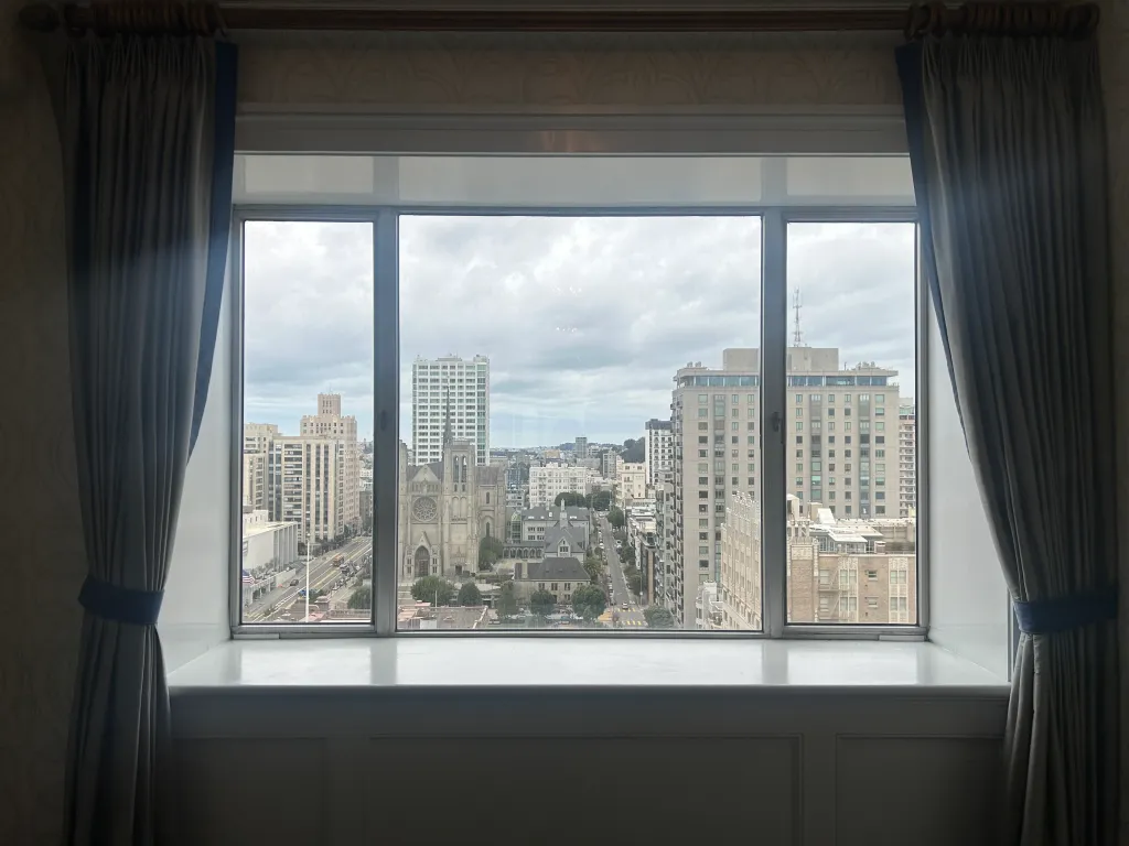 View of the city from a window of the Fairmont Hotel in San Francisco.