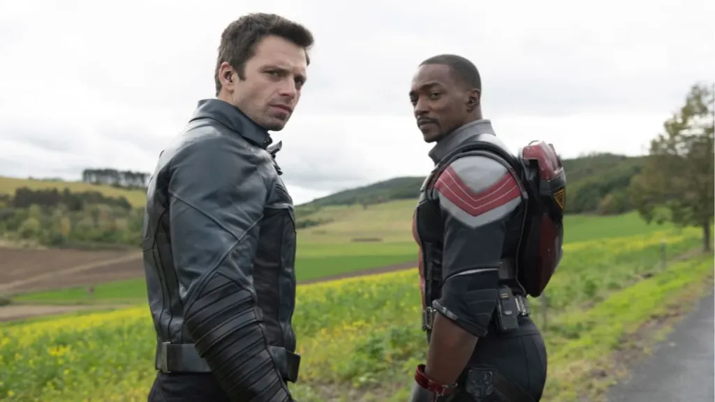 Winter Soldier/Bucky Barnes (Sebastian Stan) and Falcon/Sam Wilson (Anthony Mackie) in©Marvel Studios' THE FALCON AND THE WINTER SOLDIER exclusively on Disney+. Photo by Julie Vrabelova.