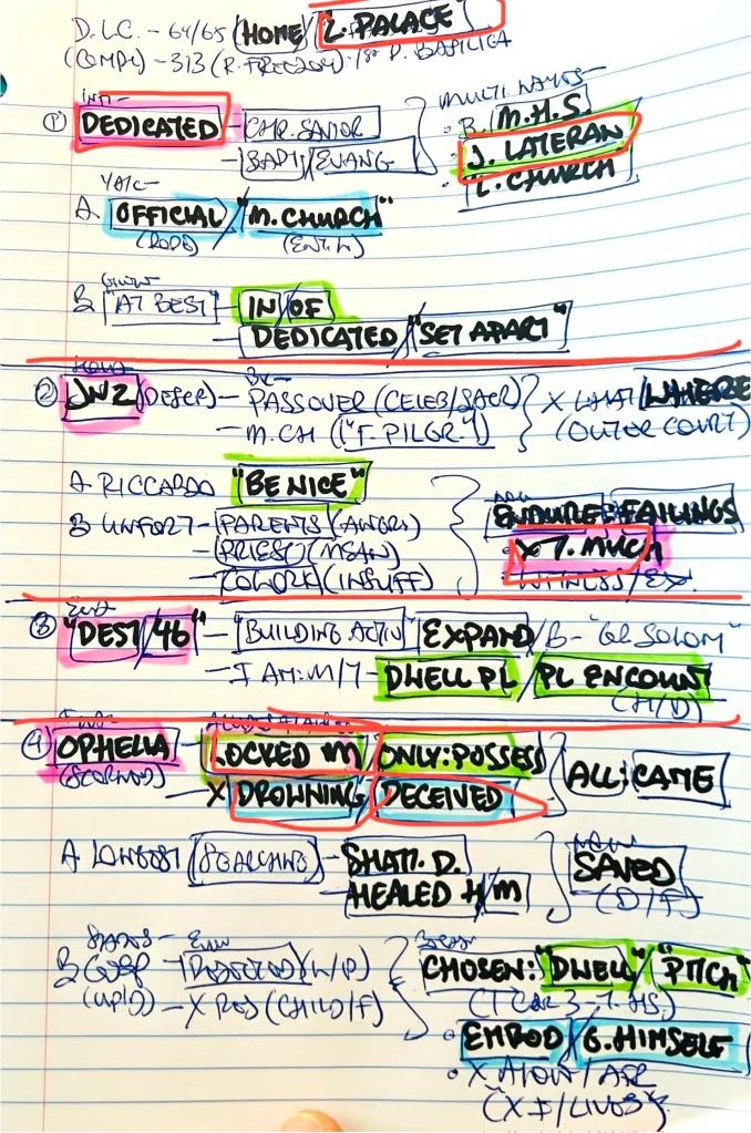 A page from Father Eric Mah's notes from Taylor Swift homly, featuring handwritten text, circled words, arrows, and highlighted sections in various colors.
