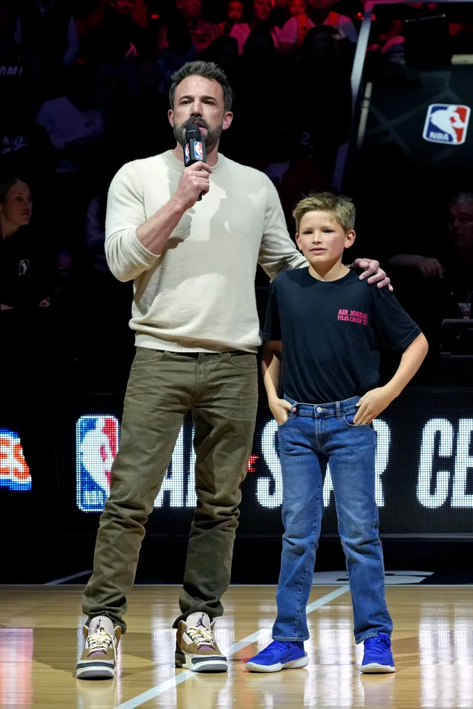 Ben Affleck and Samuel Garner Affleck speak at the Ruffles Celebrity Game during the 2023 NBA All-Star Weekend.