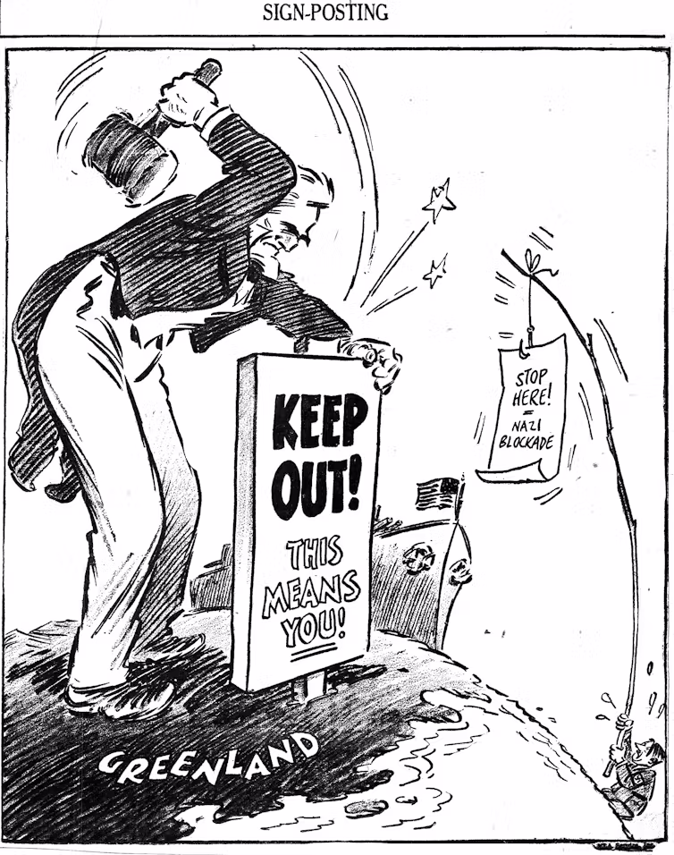 An illustration of Uncle Sam pounding a sign into Greenland labeled 'Keep Out!' with a tiny drawing of Adolf Hitler on the horizon.