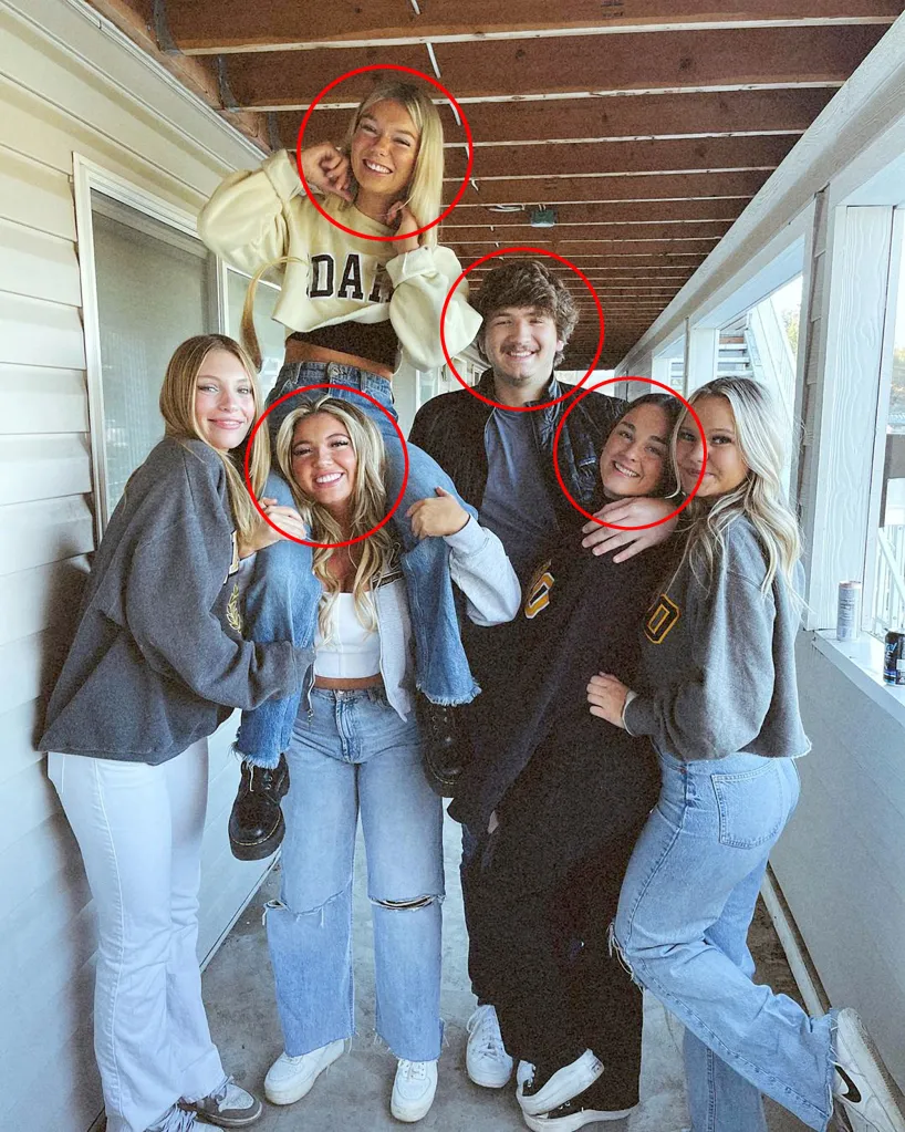 Five college students posing happily outdoors, with Madison Mogen (top left), Kaylee Goncalves (bottom left), Ethan Chapin (center), and Xana Kernodle (right) identified.