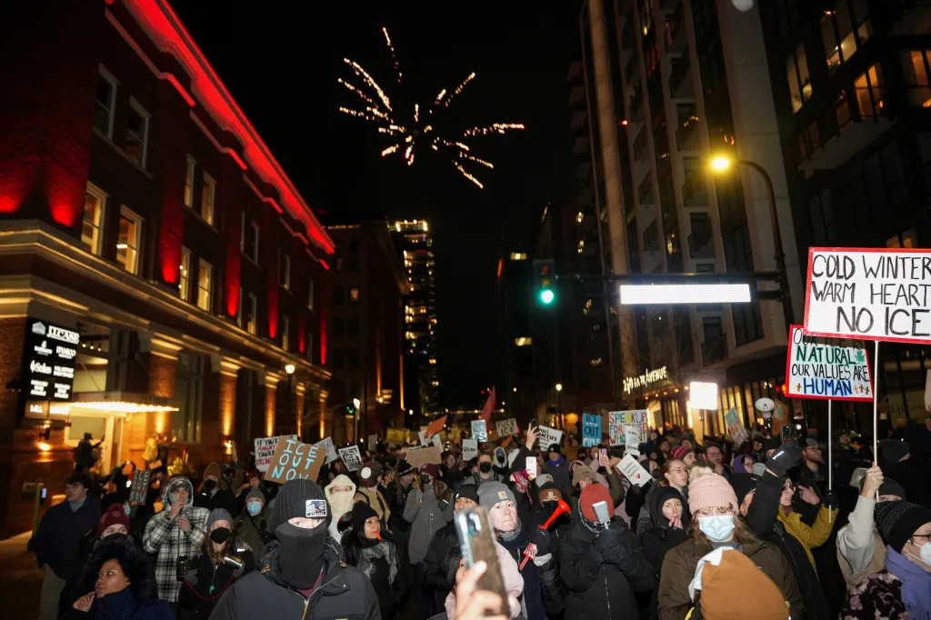 A firework is launched in downtown Minneapolis as protesters surround the Canopy by Hilton hotel on Jan. 9, 2026.