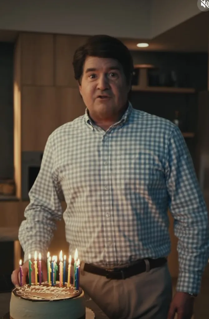 Guy Fieri in a checkered shirt looks at the camera while standing next to a birthday cake with lit candles.