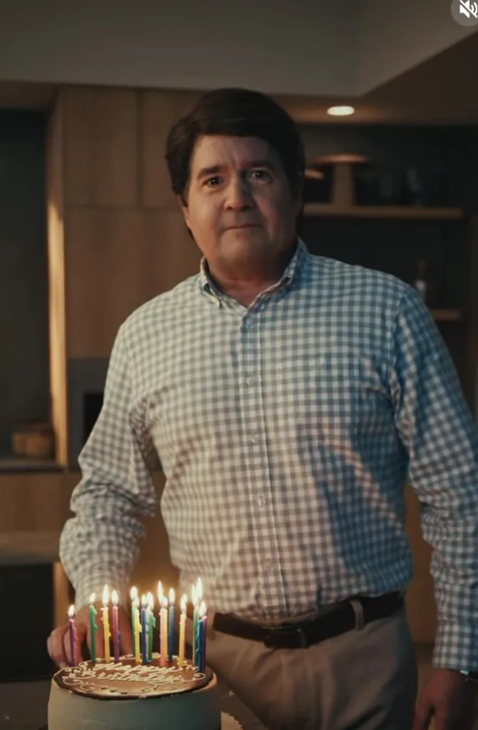 Guy Fieri in a checkered shirt looks at the camera while standing next to a birthday cake with lit candles.