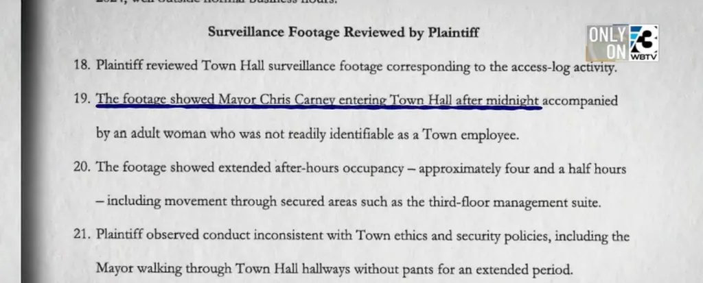 A document outlining surveillance footage review, stating that Mayor Chris Carney entered Town Hall after midnight with a woman, and was seen walking without pants.