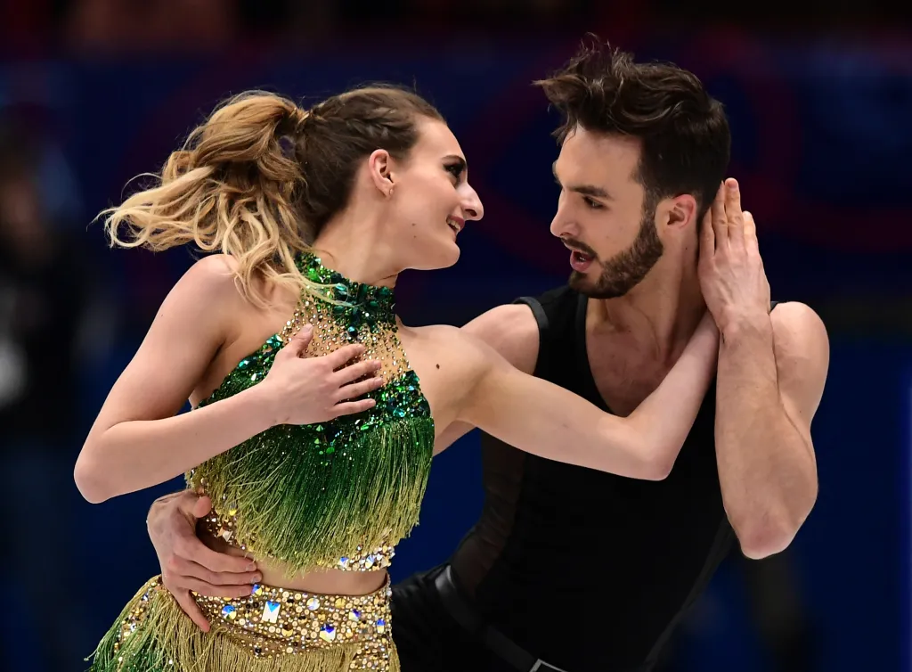 Ice dancers Gabriella Papadakis and Guillaume Cizeron performing their short dance program.