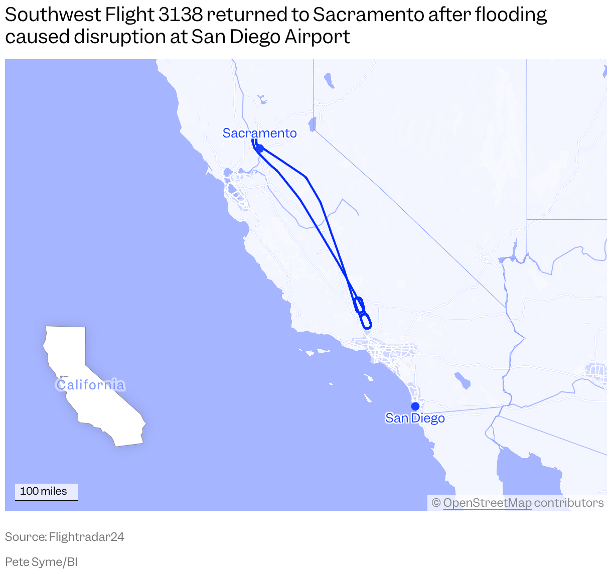 A map of California shows a flight path departing Sacramento and making it about halfway to San Diego before turning around.