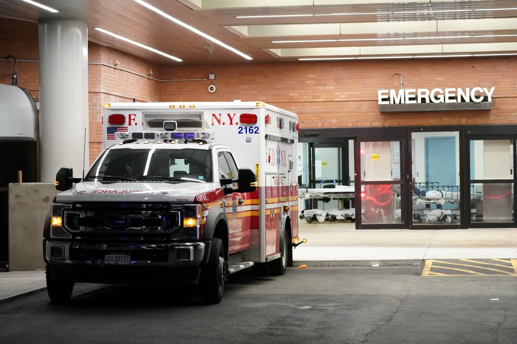 FDNY ambulance parked at the emergency entrance of Bellevue Hospital.