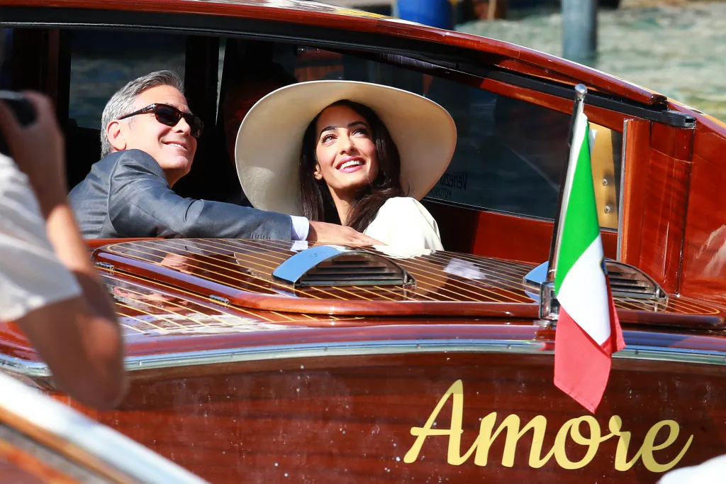 George Clooney and Amal Alamuddin on a boat.