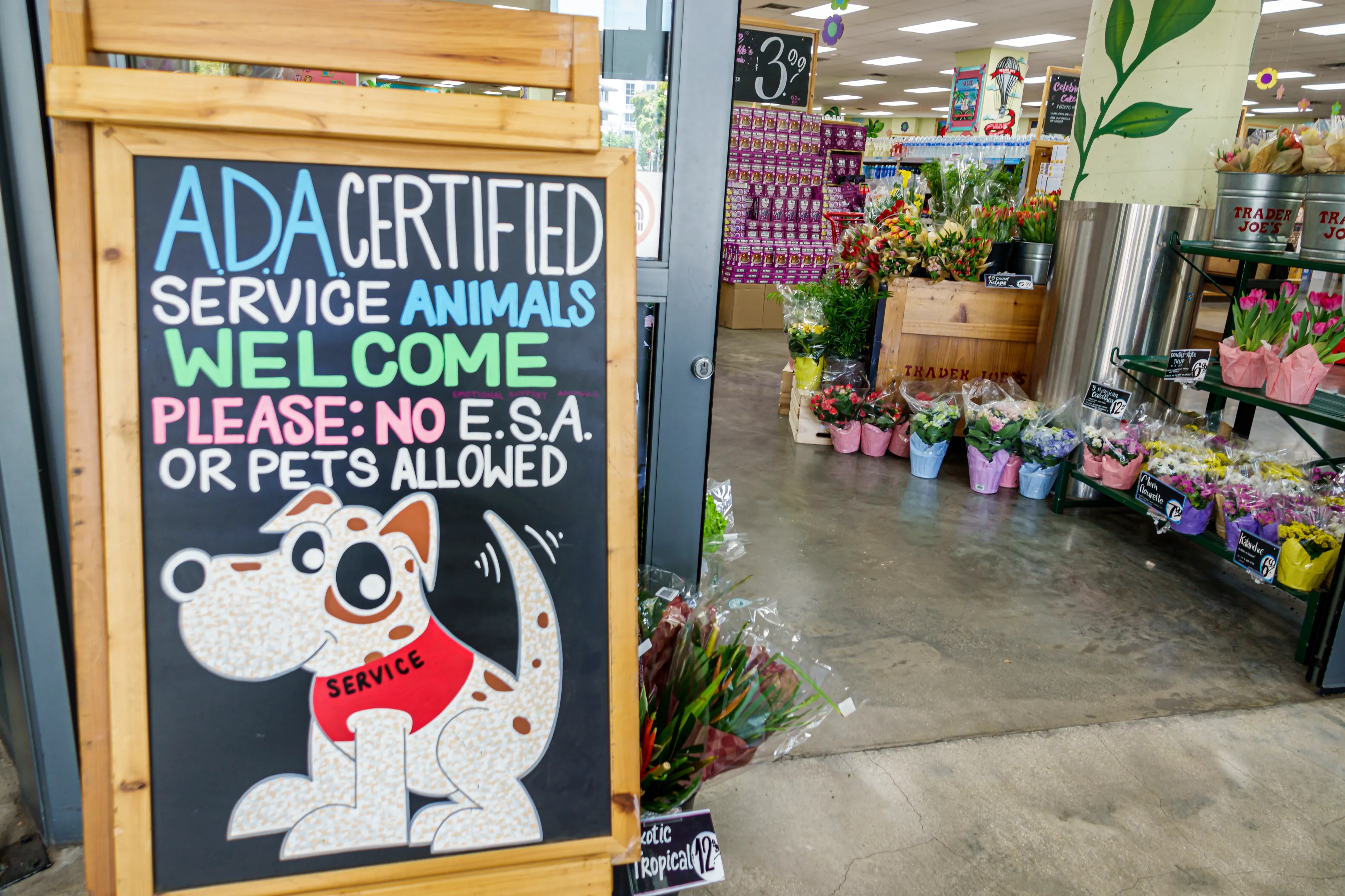 A grocery store, with a chalkboard sign outside saying “ADA certified service animals welcome. Please: No ESA or pets allowed.” A grocery store, with a chalkboard sign outside saying “ADA certified service animals welcome. Please: No ESA or pets allowed.”