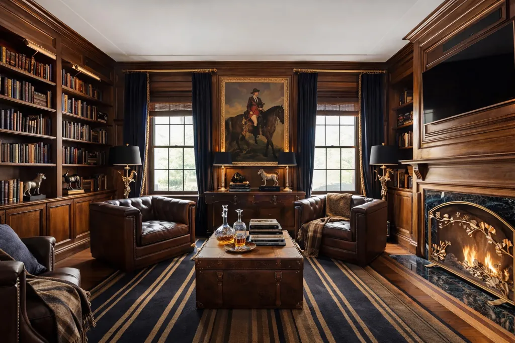 The wood-paneled library looks plucked from a Brooks Brothers campaign.