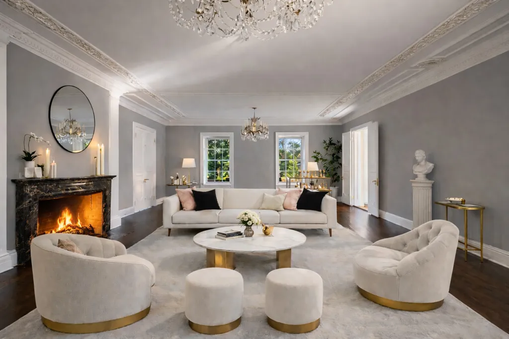 A formal living area comes warmed by a fireplace.