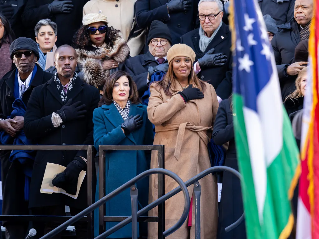 NY Gov. Kathy Hochul and Attorney General Letitia James attend the inauguration of NYC Mayor Zohran Mamdani on Jan. 1, 2026.