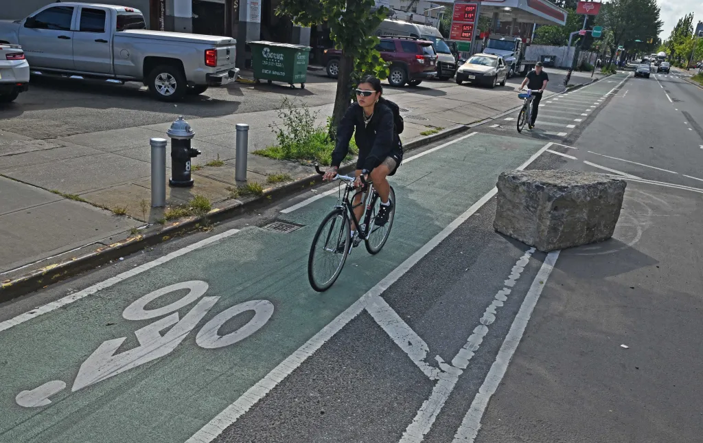 A cyclist on McGuinness Boulevard.