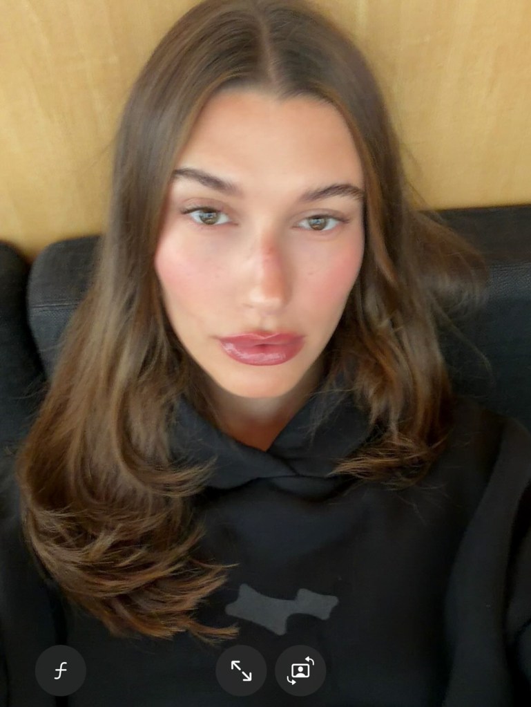 Hailey Bieber with new brown hair.