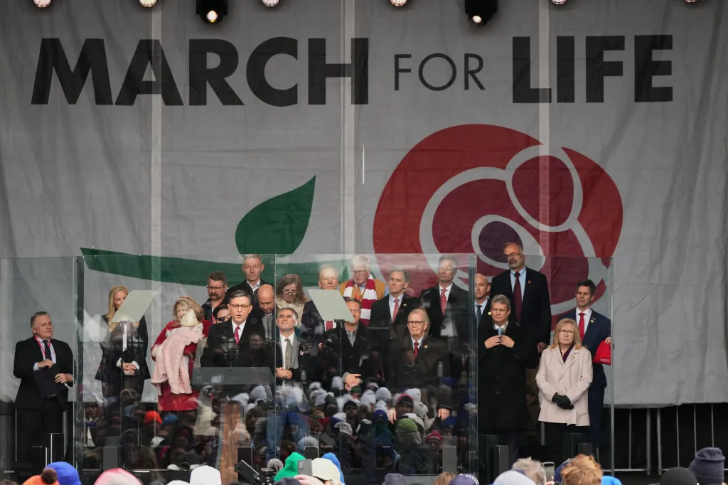 House Speaker Mike Johnson speaks at a rally ahead of the March for Life in Washington.