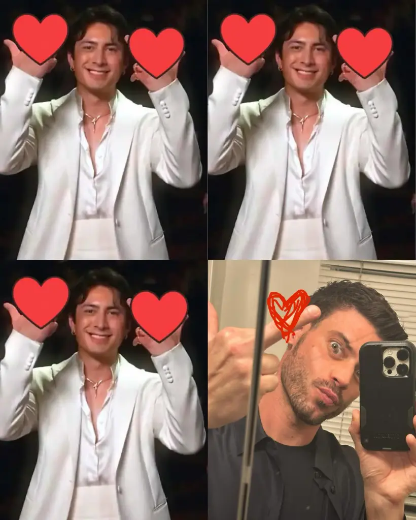 Collage of Hudson Williams making heart shapes with his hands and Francois Arnaud making a similar gesture in a mirror selfie.