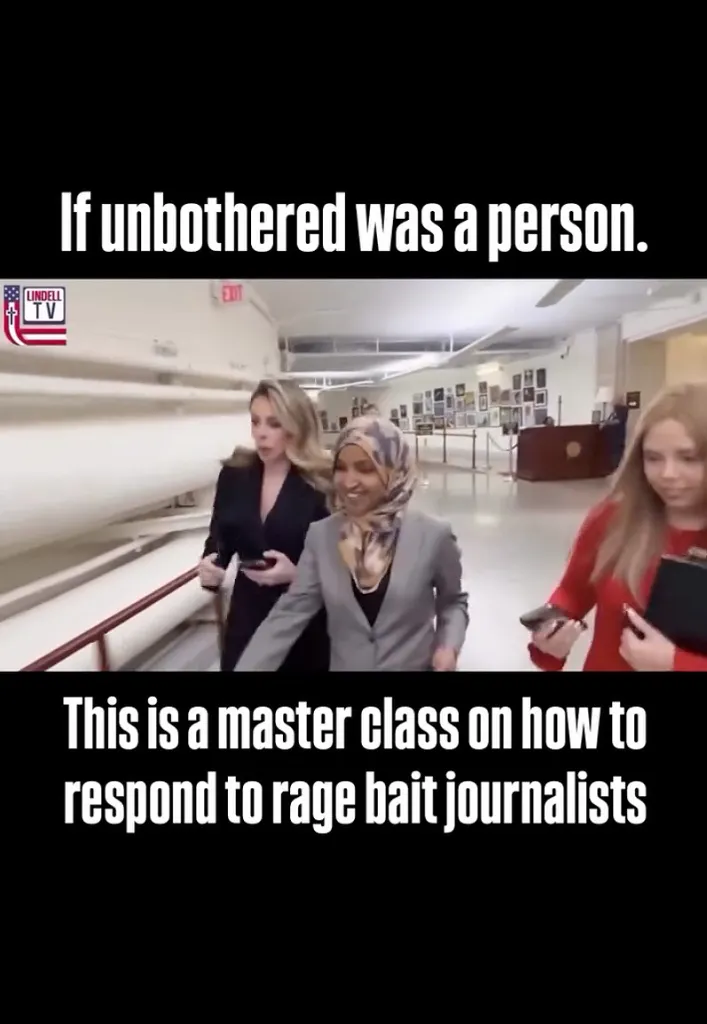 omar and the reporter with a caption overlaying the image which reads if unbothered was a person this is a master class on how to respond to rage bait journalists