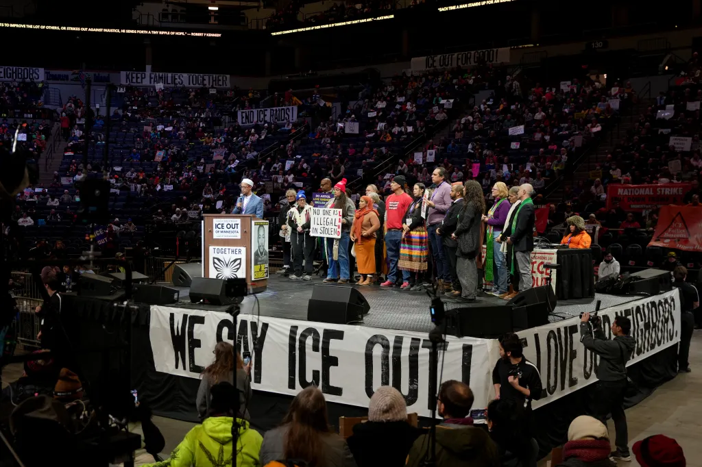 Imam Yusuf Abdulle speaks during a rally at Target Center against federal immigration enforcement on Friday, Jan. 23, 2026.