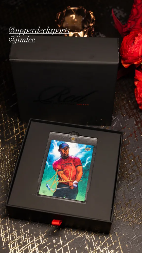 Illustration of a Tiger Woods golf trading card in a black box, with a red flower to the right.