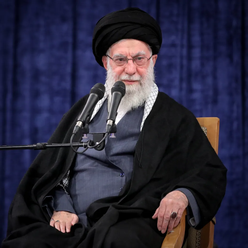 Iranian Supreme Leader Ayatollah Ali Khamenei speaking at a meeting.