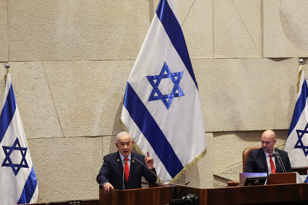 Israeli Prime Minister Benjamin Netanyahu speaks as he attends a session at the plenum of the Knesset, Israels parliament, in Jerusalem, January 5, 2026. 
