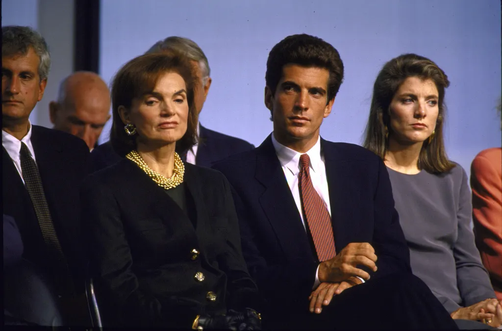 Jacqueline Kennedy Onassis, her son John Jr., and daughter Caroline Kennedy at the reopening of the John F. Kennedy Library.