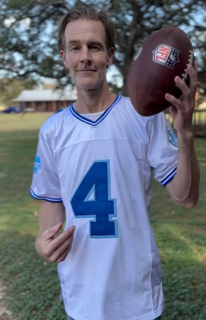 James Van Der Beek in a white jersey with a number 4, holding an NFL football.