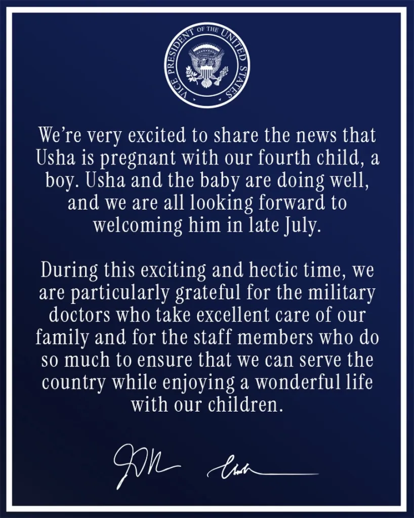 Illustration of a pregnancy announcement from the Vice President's office.