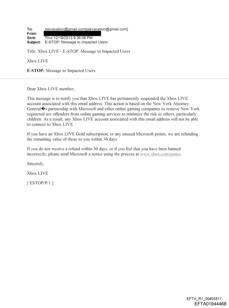 An email notification about the permanent suspension of an Xbox LIVE account due to the user being a registered sex offender.