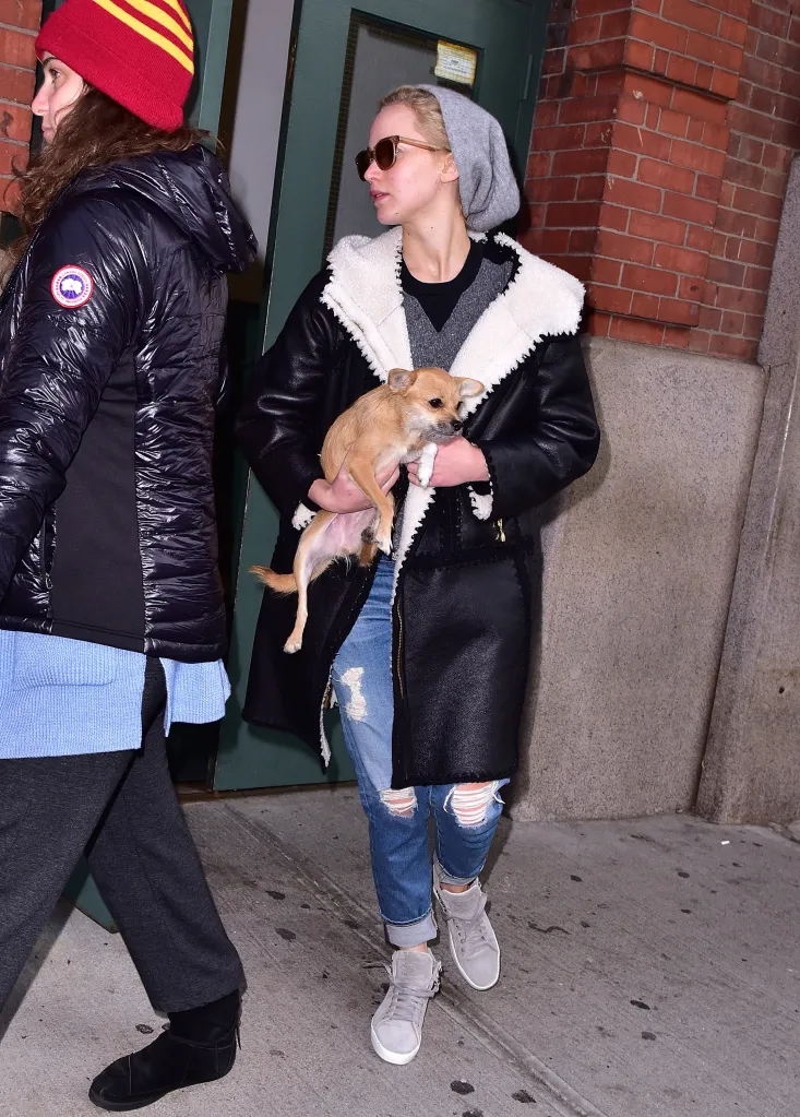 Jennifer Lawrence carrying her dog while walking on a street in Manhattan.