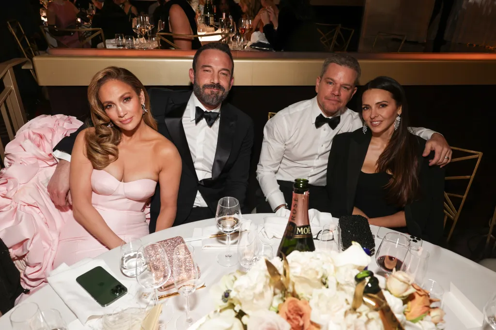 Jennifer Lopez, Ben Affleck, Matt Damon, and Luciana Damon at the 81st Annual Golden Globe Awards.