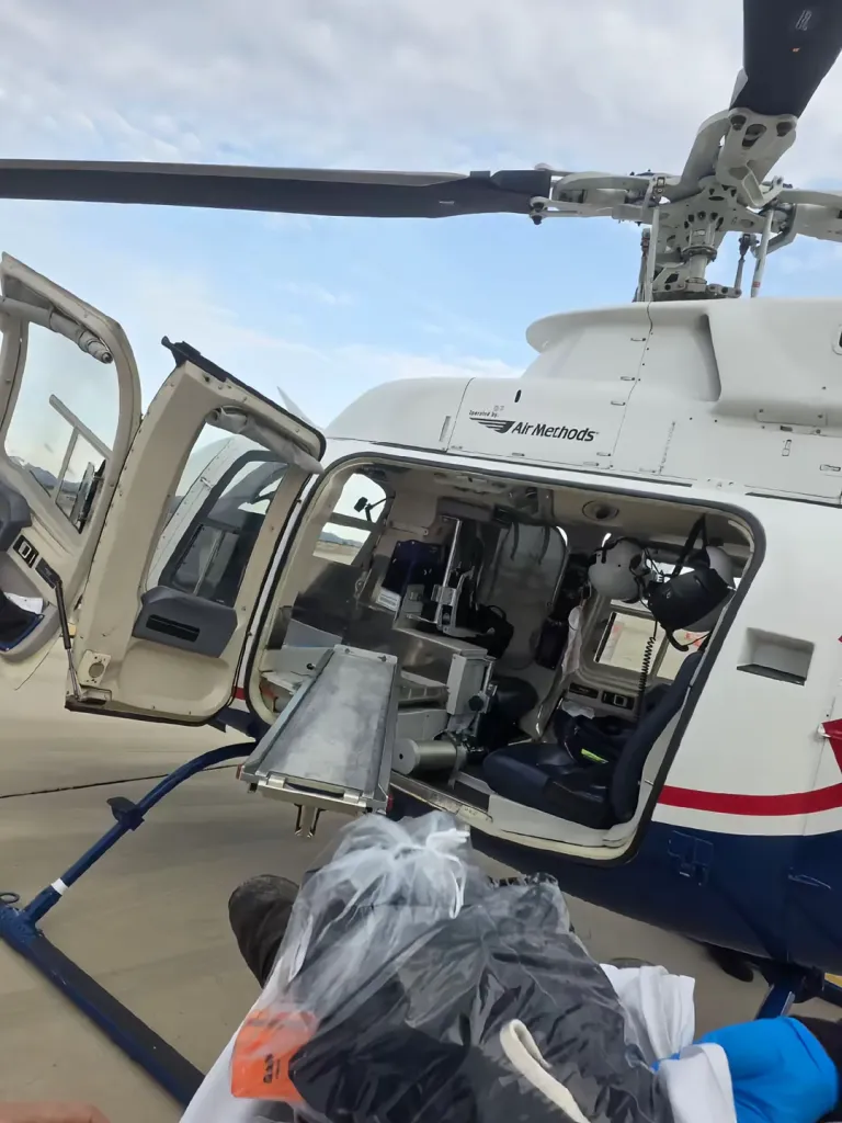 An open air ambulance helicopter with