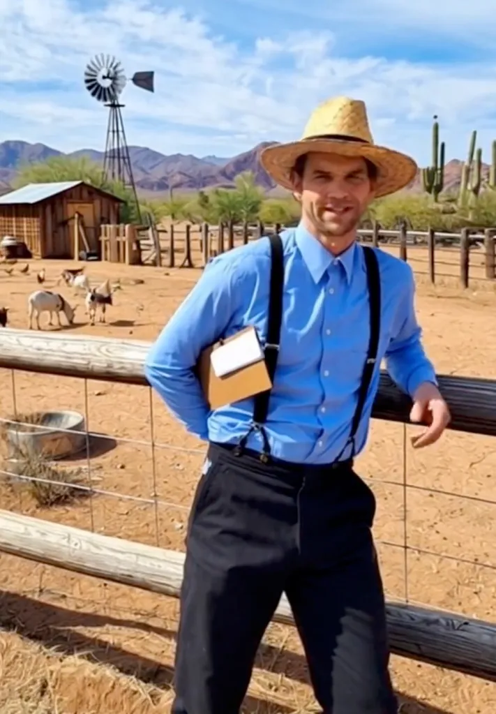 Jeremiah Raber smiling in Amish attire on a farm.