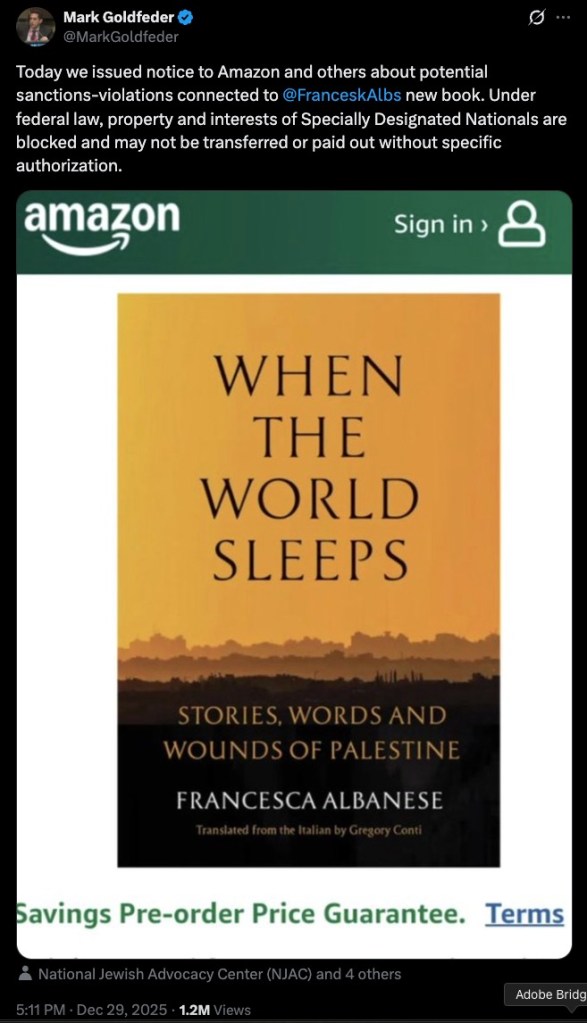 Goldfeder said on X that he notified Amazon that Albanese is barred from receiving payments or other economic benefits.