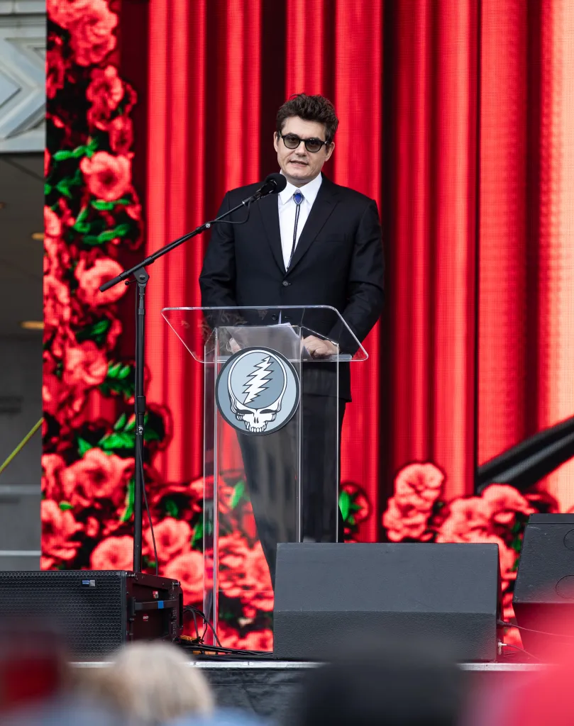 John Mayer speaks during the Celebrating The Life Of Bob Weir event at Civic Center Plaza on January 17, 2026 in San Francisco, California.