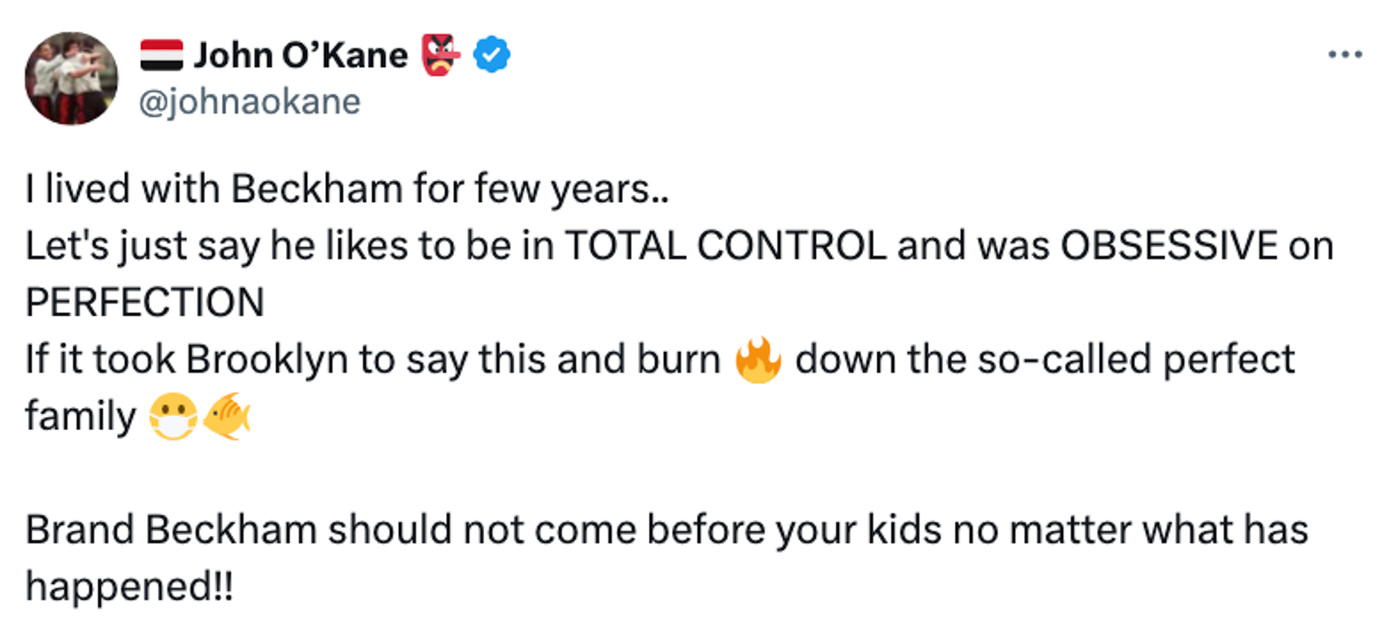 X post by John O'Kane in support of Brooklyn Beckham.