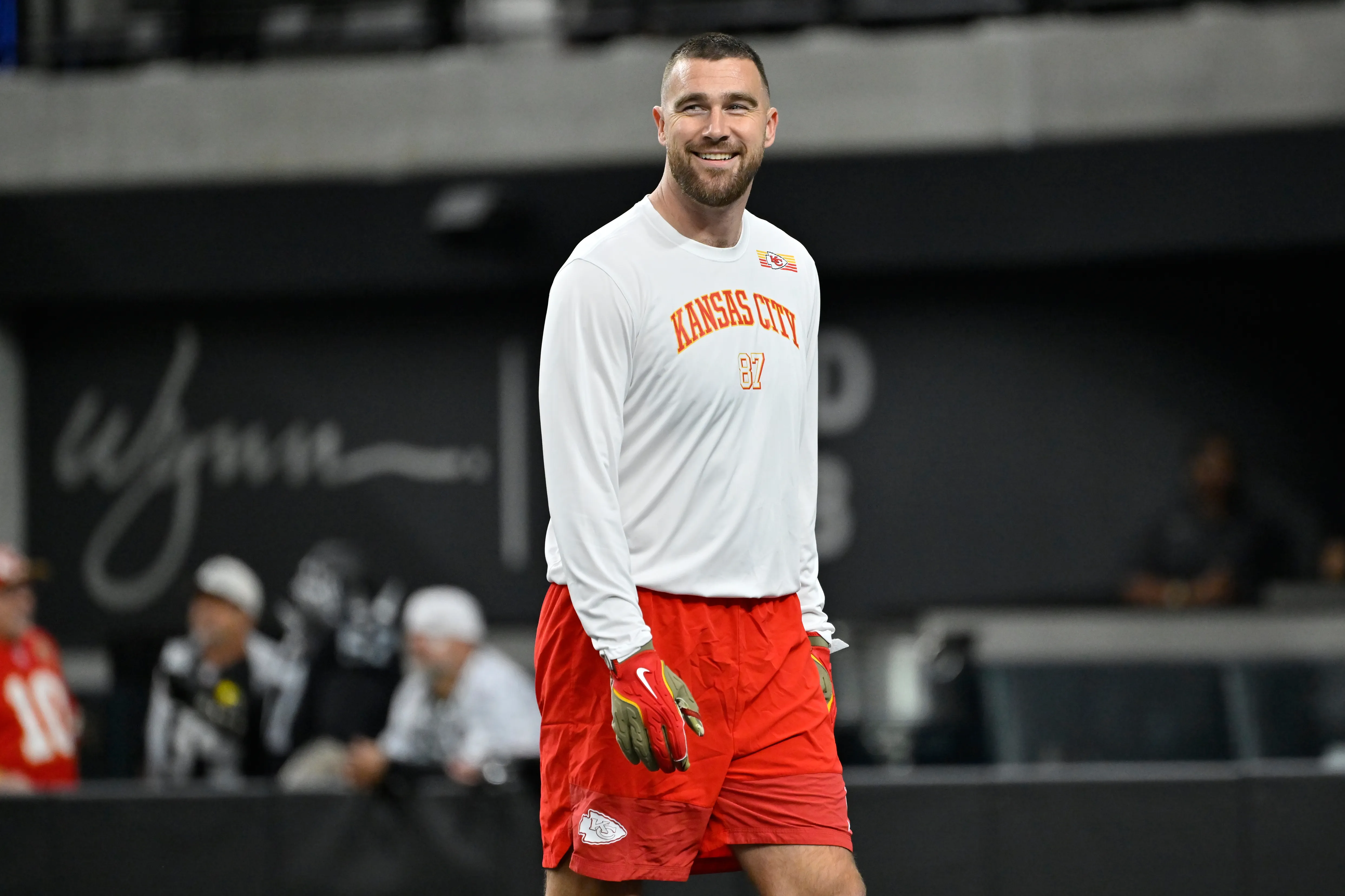 Kansas City Chiefs tight end Travis Kelce smiles during warm-ups.