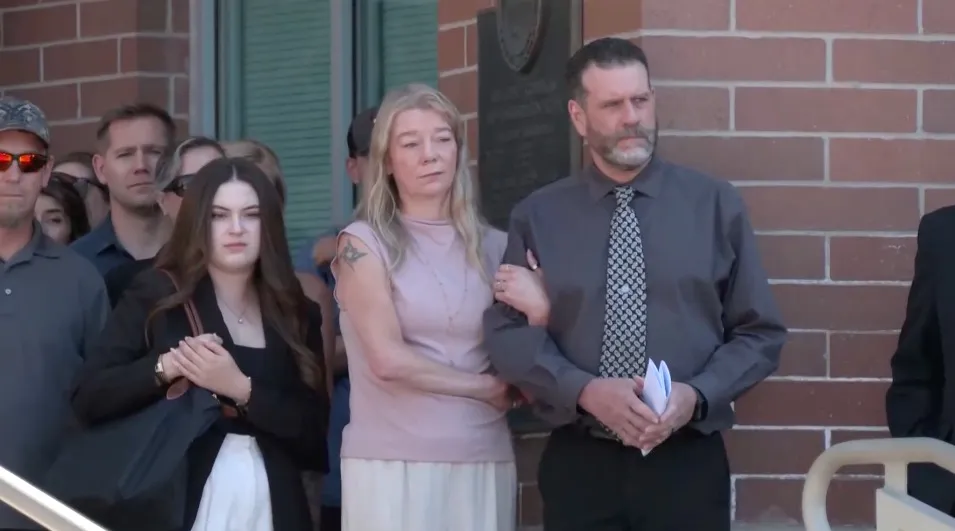 Madison Mogen's mother, Karen Laramie, and stepfather, Scott Laramie leave the courthouse after Bryan Kohberger's sentencing hearing.
