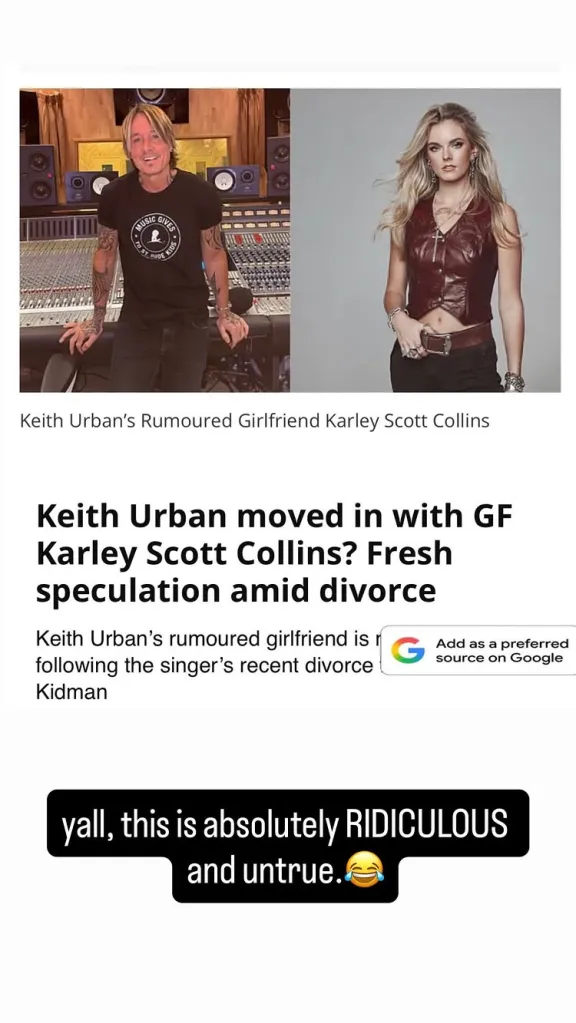 Collage of Keith Urban, Karley Scott Collins, and text denying dating rumors.