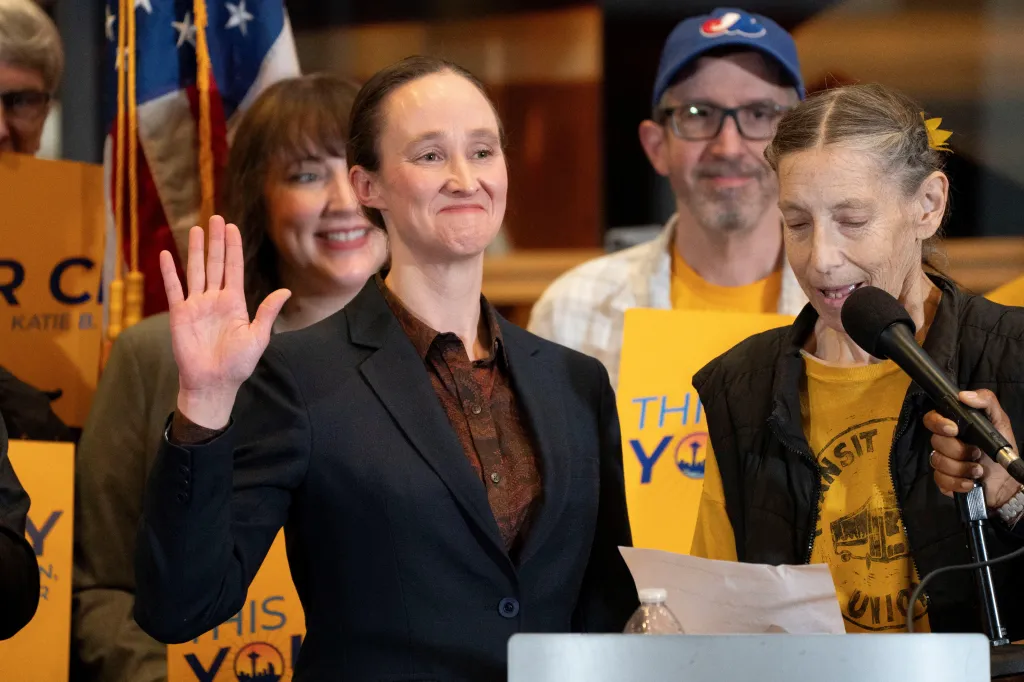 Katie Wilson takes the oath of office as she is sworn in as the new mayor during a ceremony at City Hall in Seattle, Washington on January 2, 2026. 