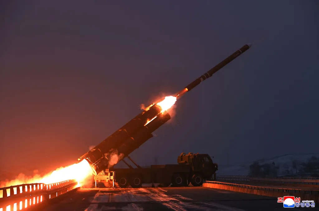 A long-range strategic cruise missile is fired during a test in the West Sea of Korea on Dec, 28, 2025.