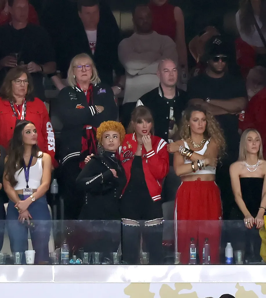 Keleigh Sperry Teller, Donna Kelce, Ice Spice, Taylor Swift, and Blake Lively attend Super Bowl LVIII Pregame.